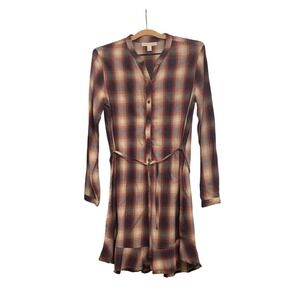 Flannel Dress Long Sleeve Plaid Button Down Frayed‎ Hem Belted Casual XS